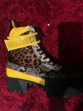 Yellow Multi-Print Combat Boot with Chunky Lug Sole